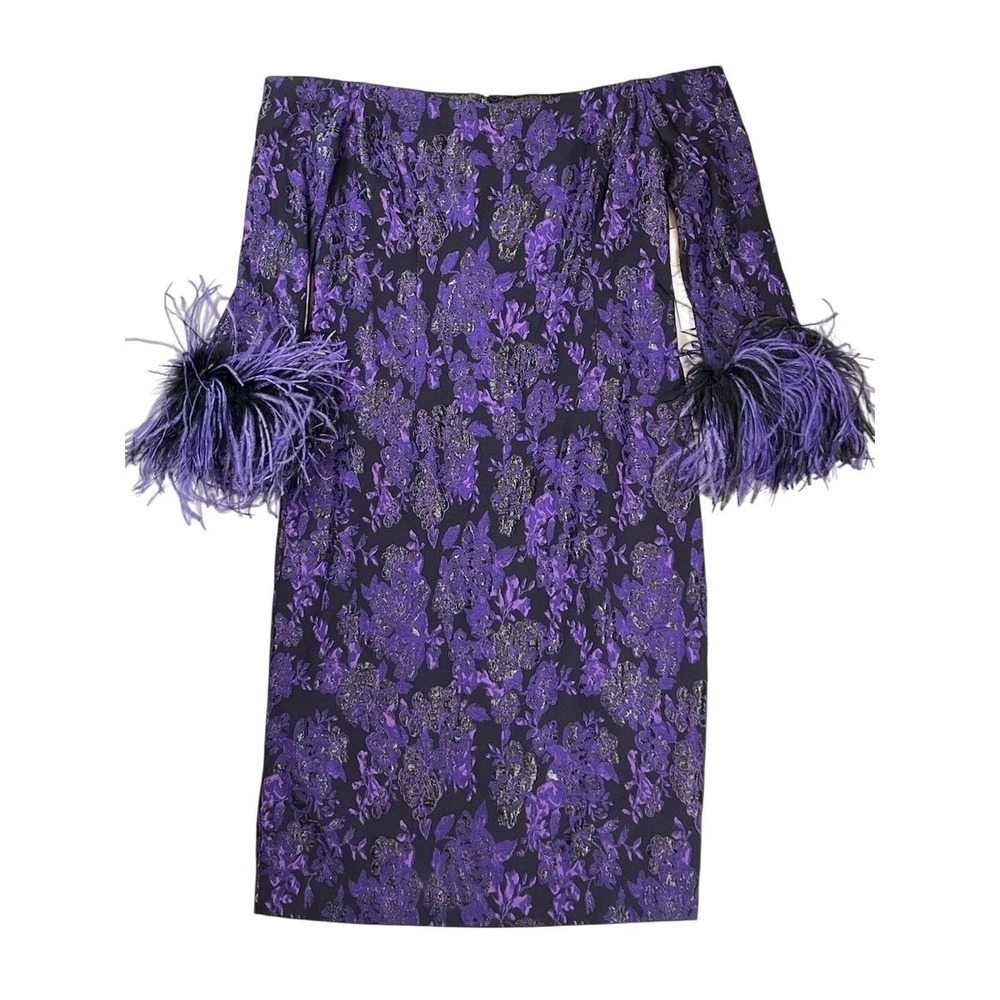 Rickie Freeman Teri Jon Purple Floral Jacquard Feather Cuff Dress 8 Off Shoulder